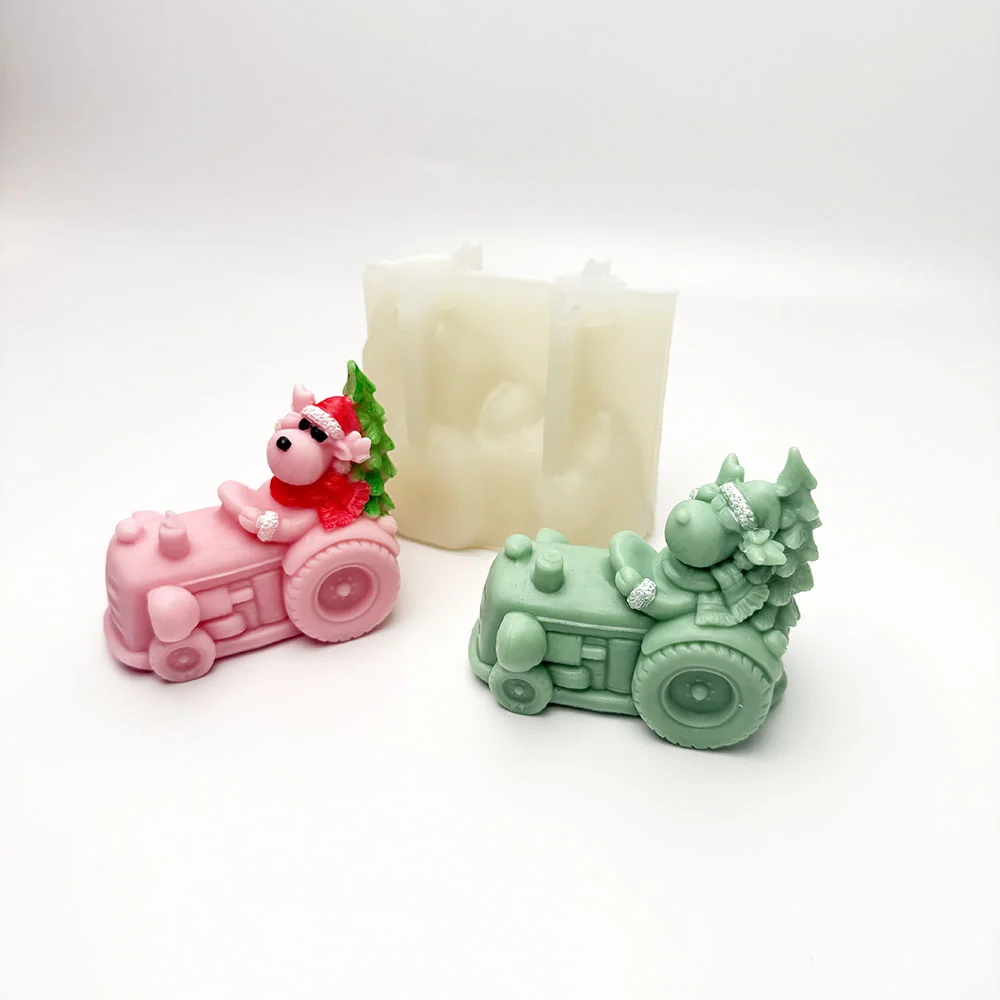 Christmas Pig Tractor Silicone Candle Mold finished casting from the silicone mold