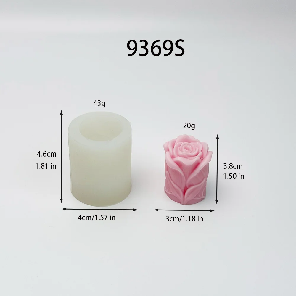 9369S-立体带叶玫瑰花柱硅胶蜡烛模具