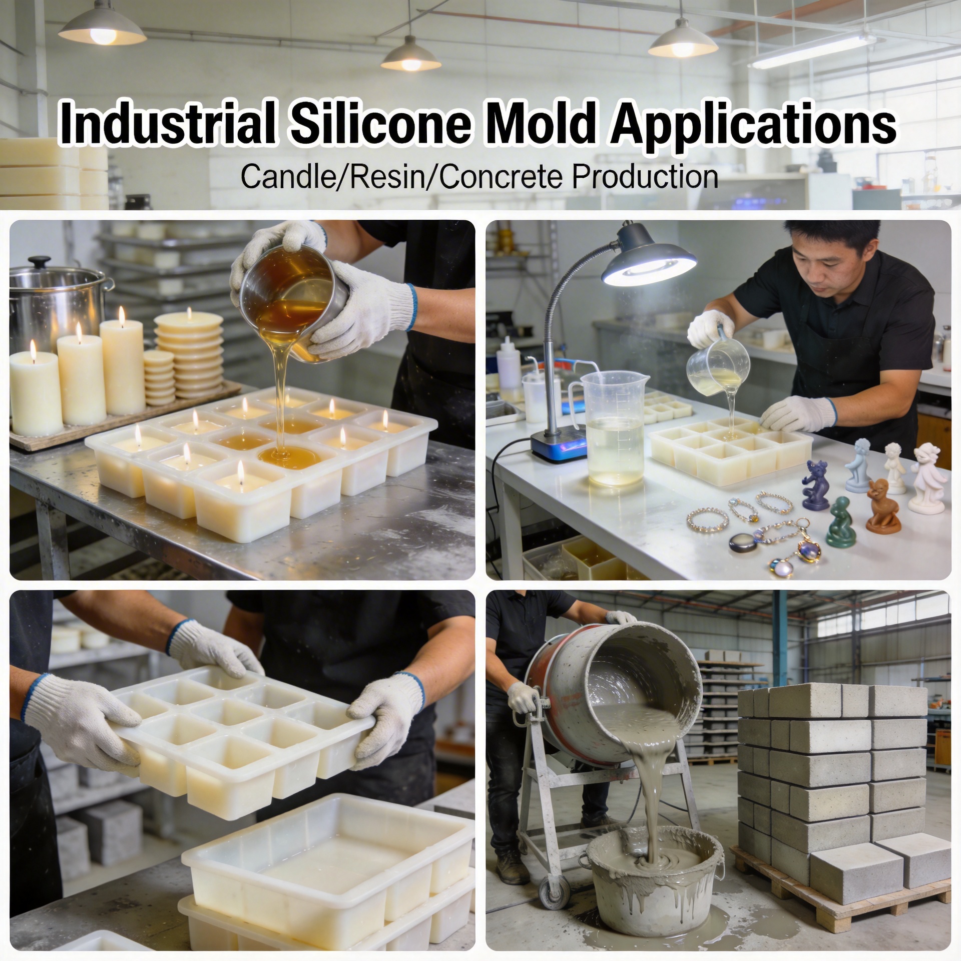 Industrial silicone mold production in candle, resin, and concrete manufacturing facilities
