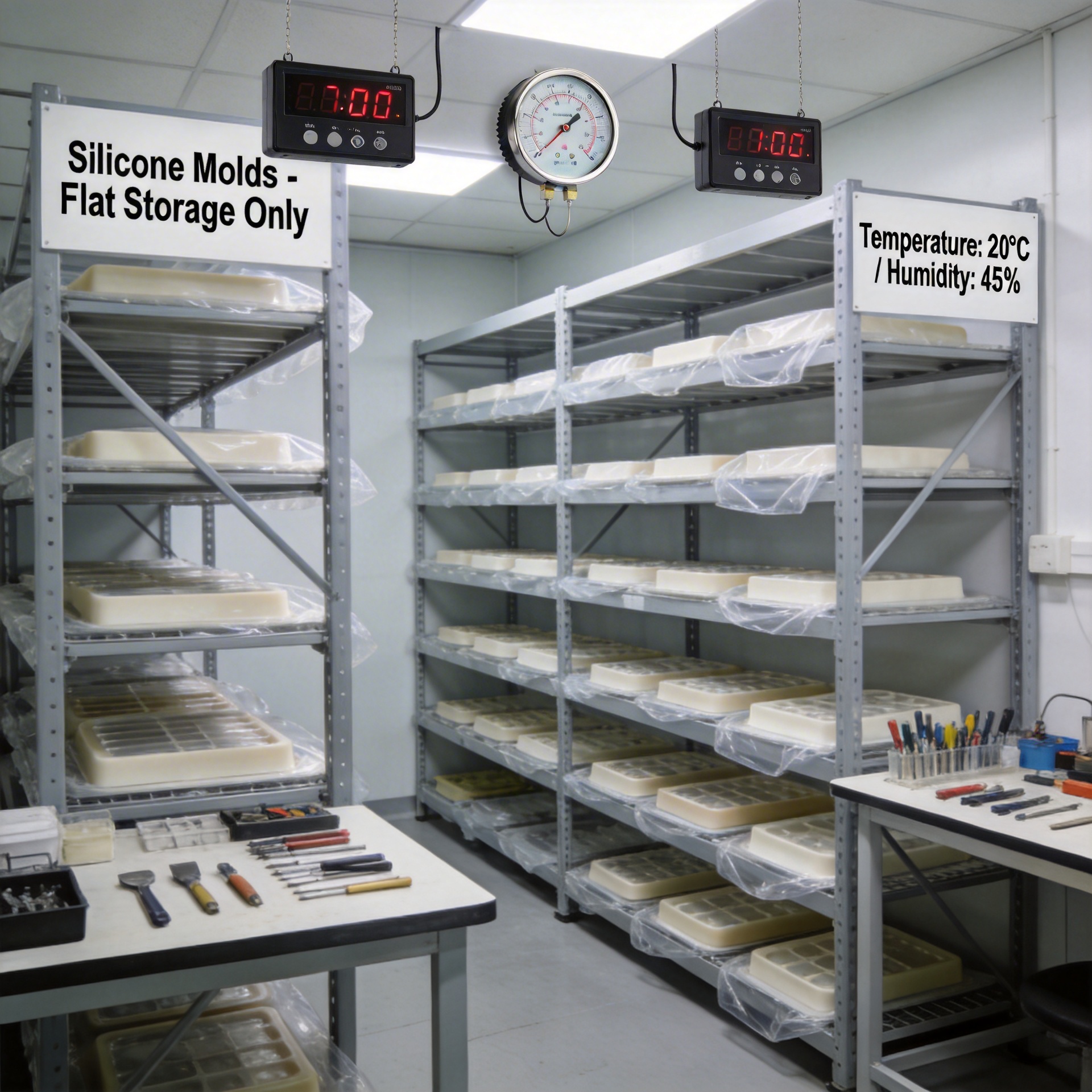 Proper silicone mold storage facility with organized racks and climate-controlled environment