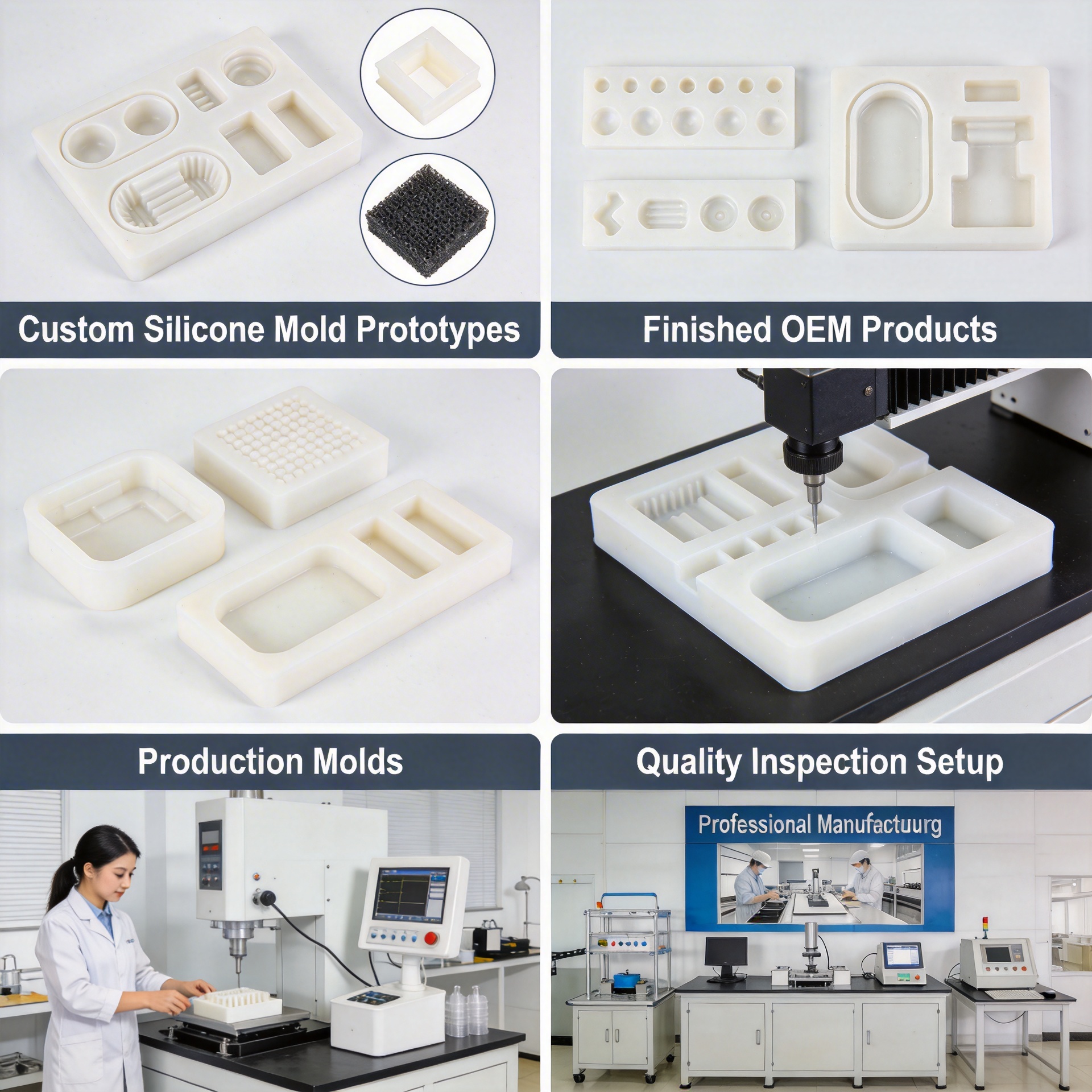 Custom silicone mold prototypes and OEM production samples display