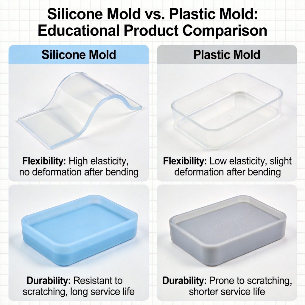 Comparison of silicone mold and plastic mold materials showing flexibility and durability differences