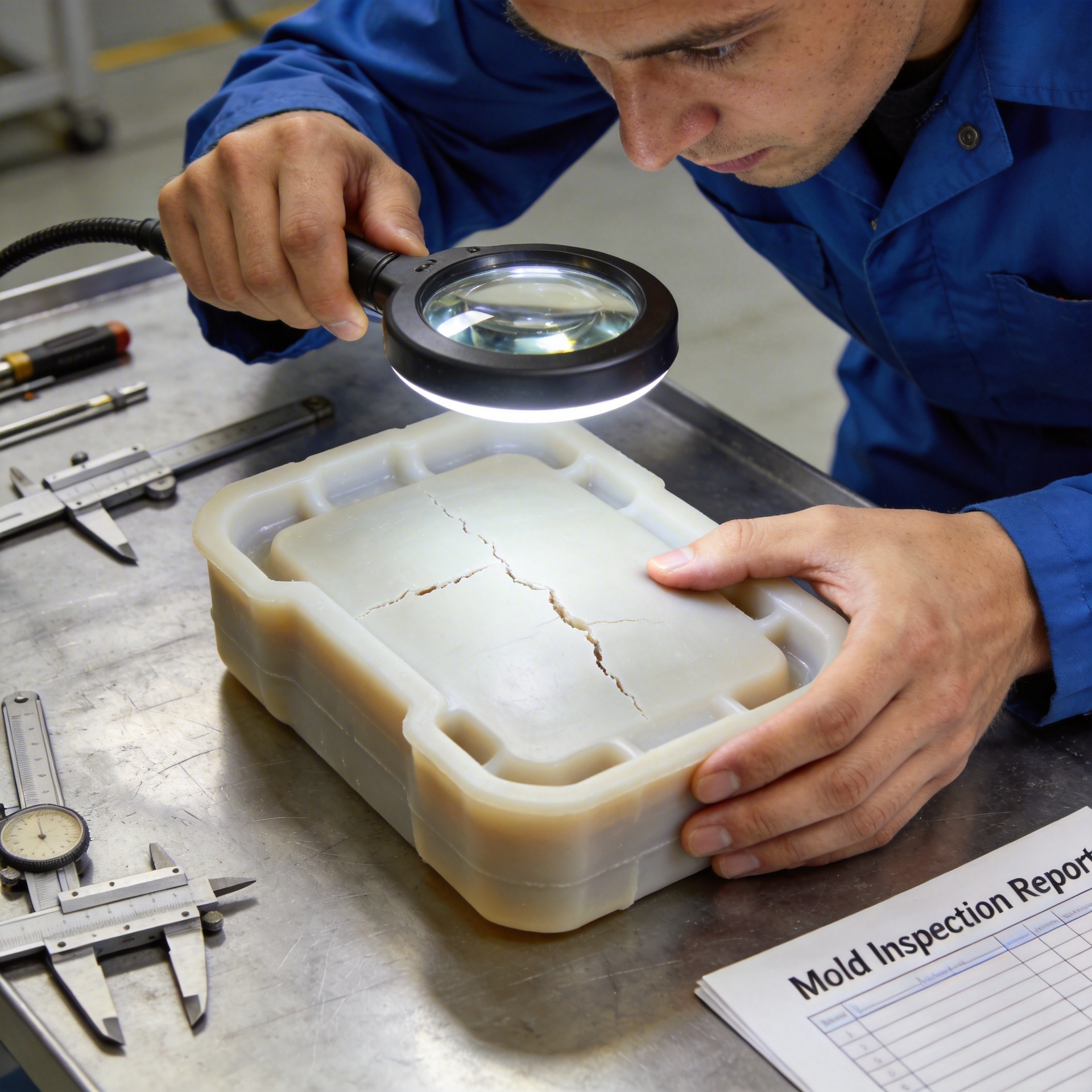 Quality inspection of silicone mold surface for damage and wear