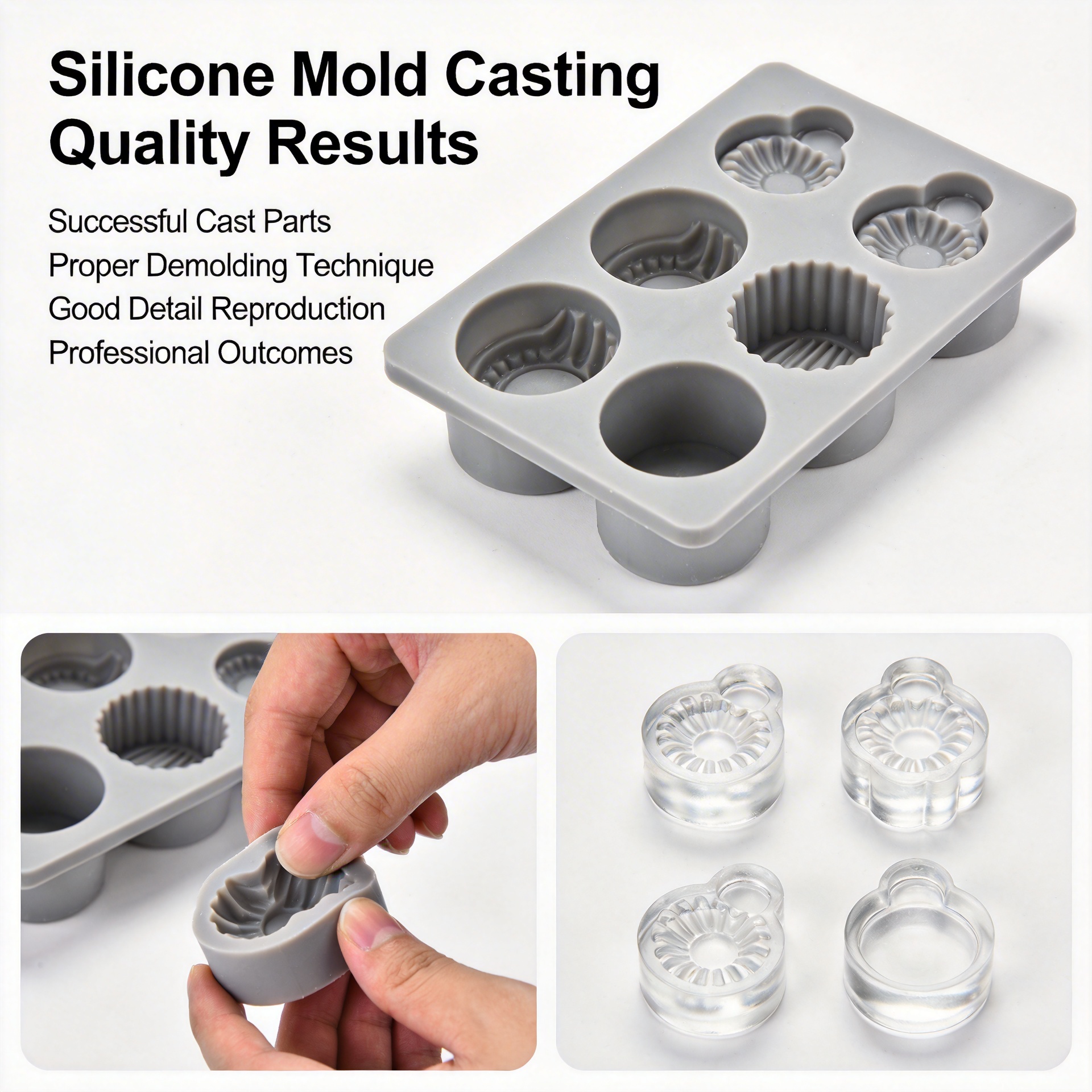 Successful silicone mold casting results showing quality finished products