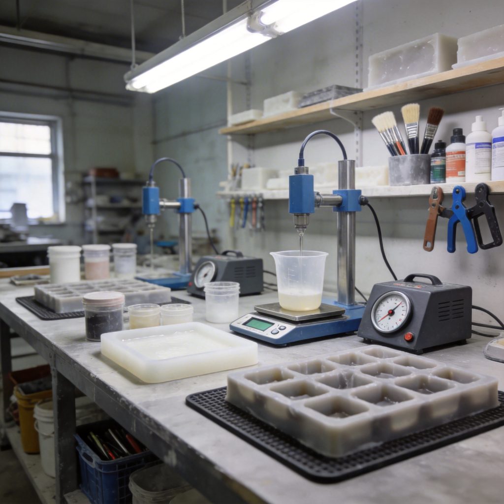 Professional silicone mold casting setup with material preparation and temperature control equipment