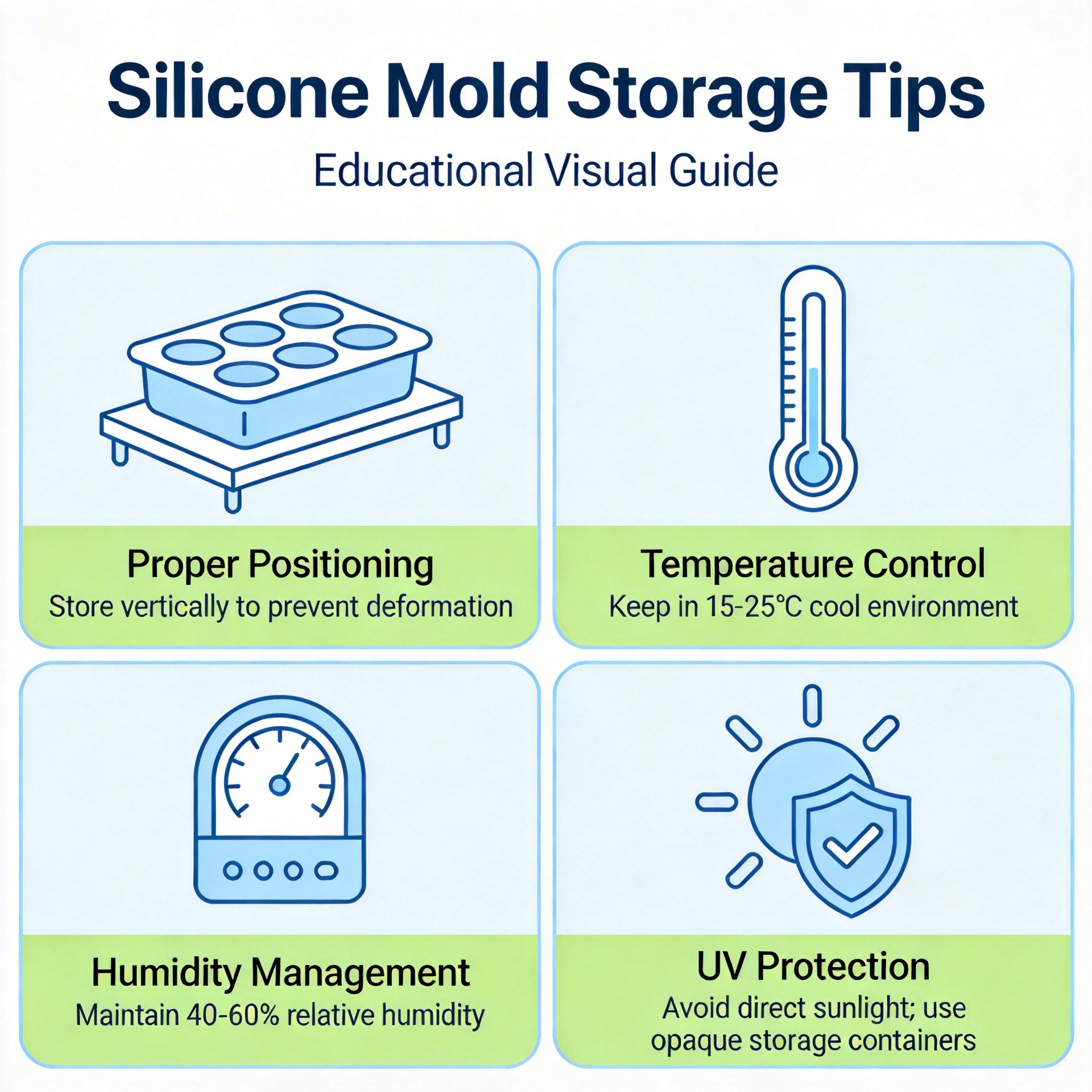 Silicone mold storage tips infographic showing temperature and humidity management