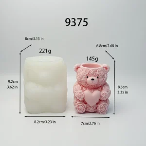 Rose Bear Silicone Candle Mold with Heart Container Design