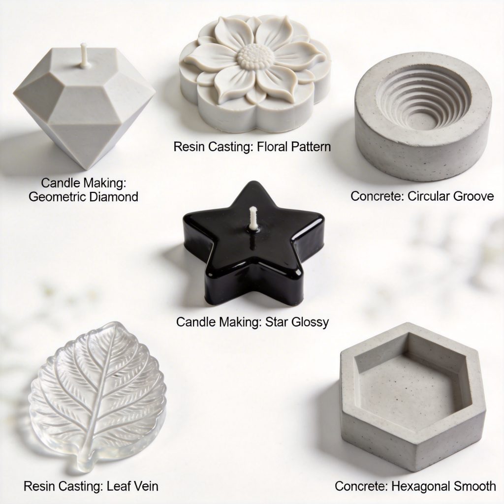 Custom silicone mold examples for candle, resin, and concrete applications