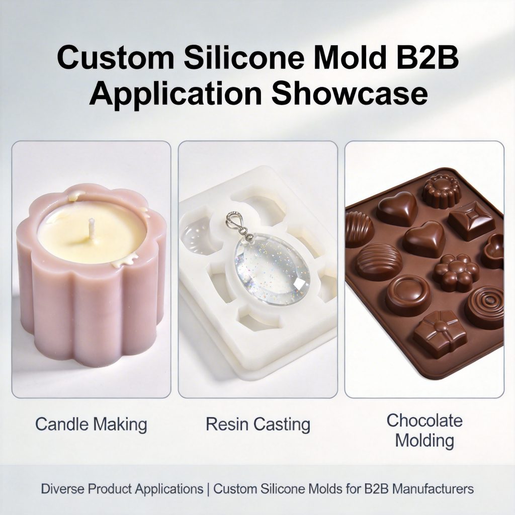 Custom silicone mold applications showing candle making, resin casting, and chocolate molding examples