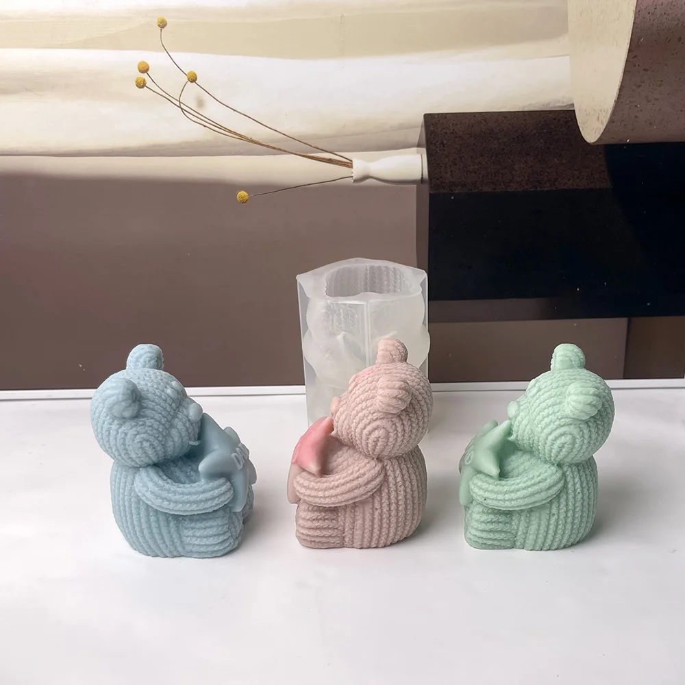 Knit Bear Holding DAD Star Silicone Candle Making Mold 8983 silicone mold detail and cavity