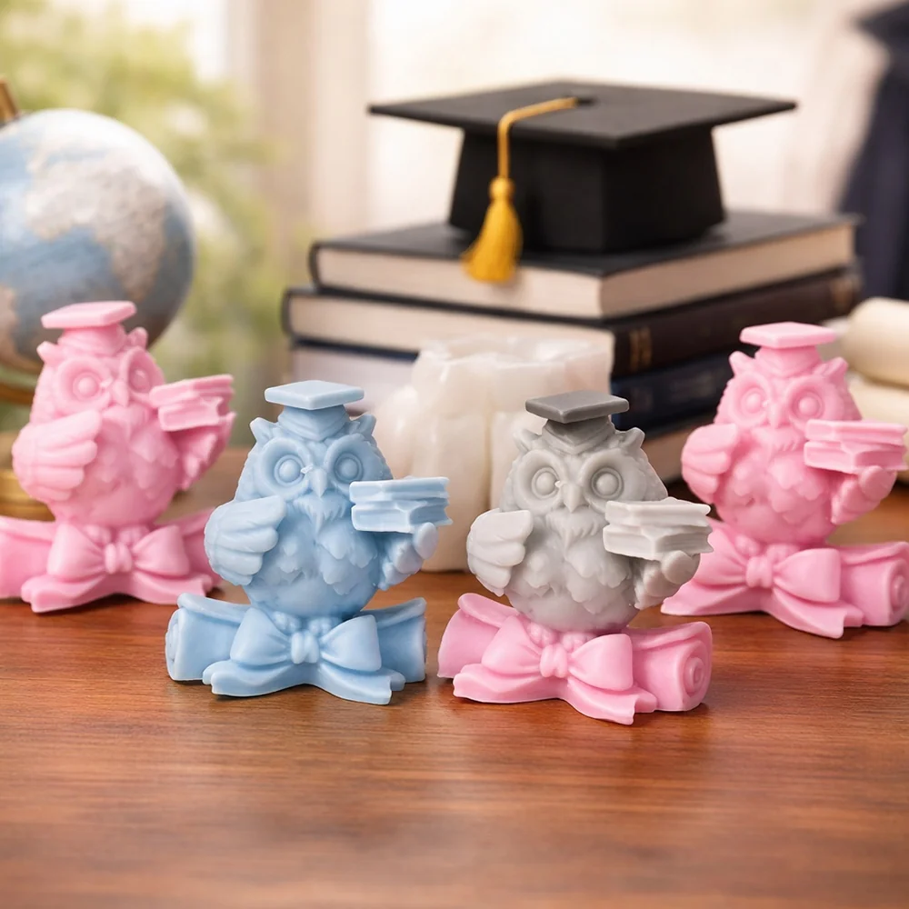Graduation Owl Silicone Candle Making Mold 8994 finished casting from the silicone mold