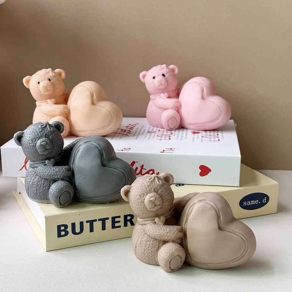 3D Sitting Heart Hugging Bear Silicone Mold 9123 finished casting from the silicone mold