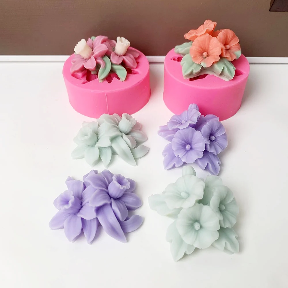 Double Flower Silicone Candle Mold with Leaves finished casting from the silicone mold