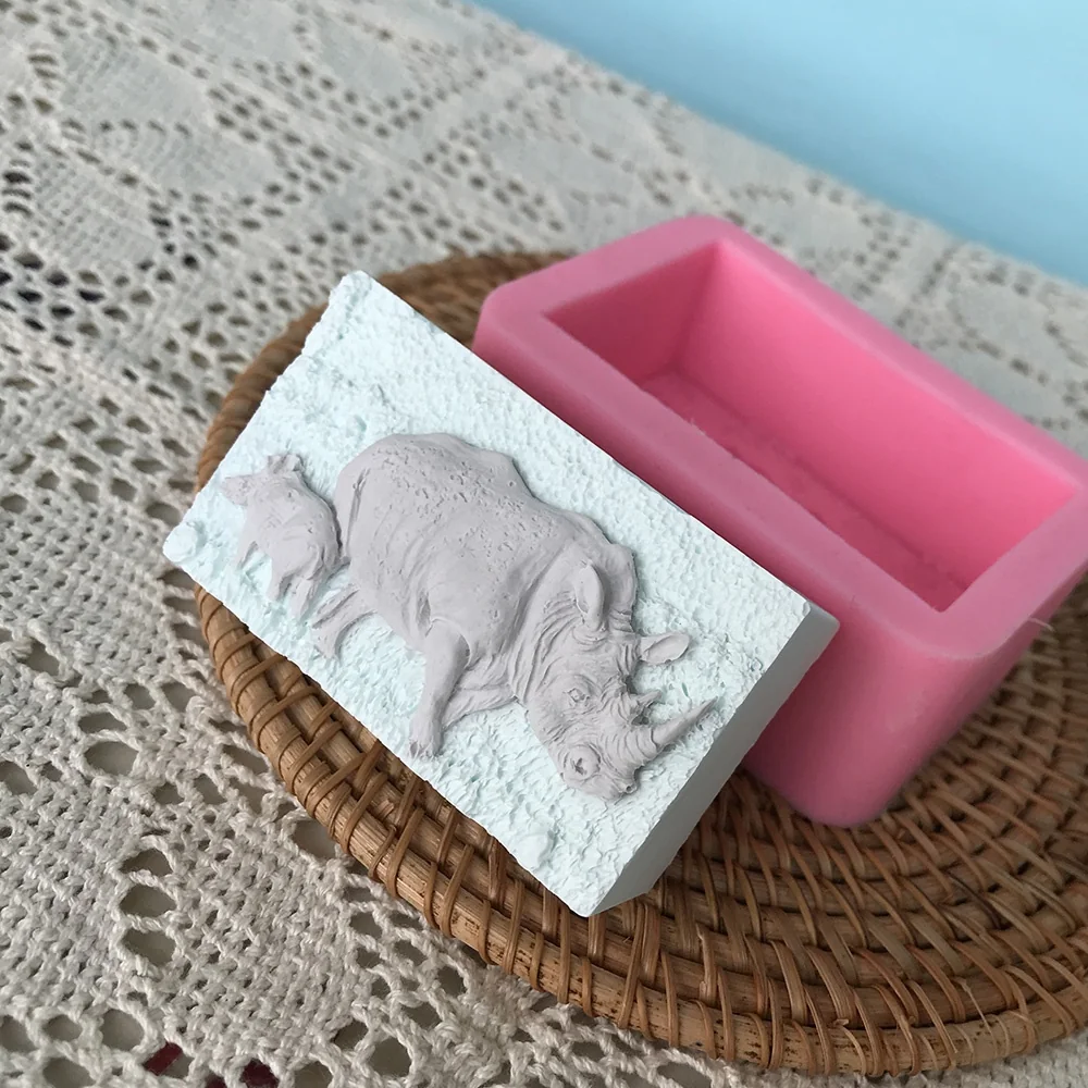 3D Rhinoceros mother and baby Silicone Candle Mold 1353 finished casting from the silicone mold