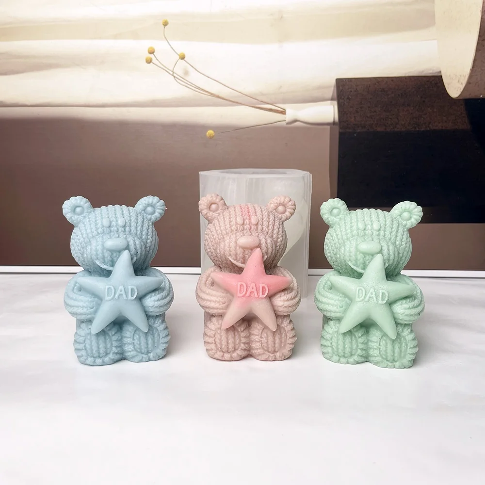 Knit Bear Holding DAD Star Silicone Candle Making Mold 8983 mold in production at BK Silicone workshop