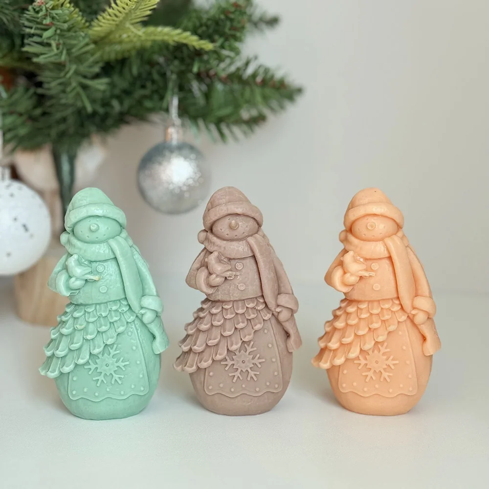 Snowwoman with Bird Silicone Mold for Candle Making mold in production at BK Silicone workshop