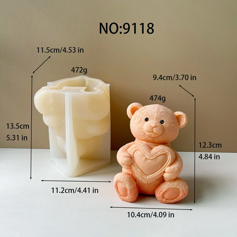 3D Teddy Bear with Heart Silicone Candle Mold 9118
