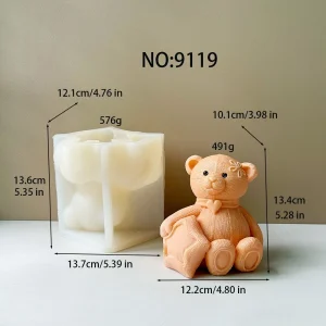 3D Sitting Teddy Bear with Star Pillow with Star Silicone Mold 9119