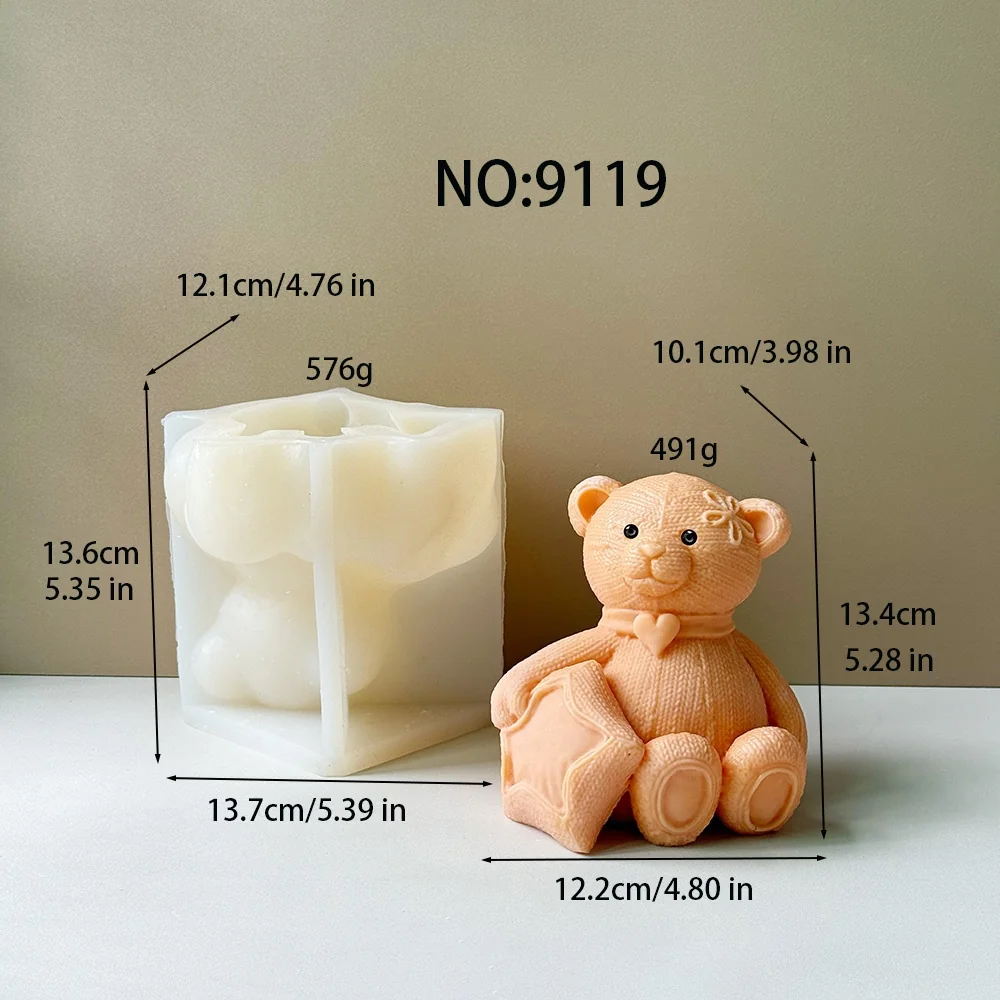 3D Sitting Teddy Bear with Star Pillow with Star Silicone Mold 9119