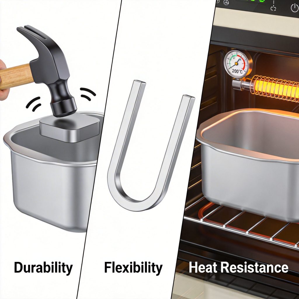Platinum silicone properties infographic showing durability flexibility heat resistance