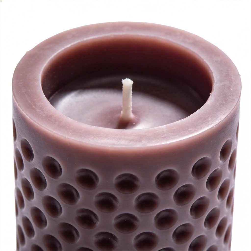 A finished silicone candle mold showing flexible material texture and detailed mold cavity