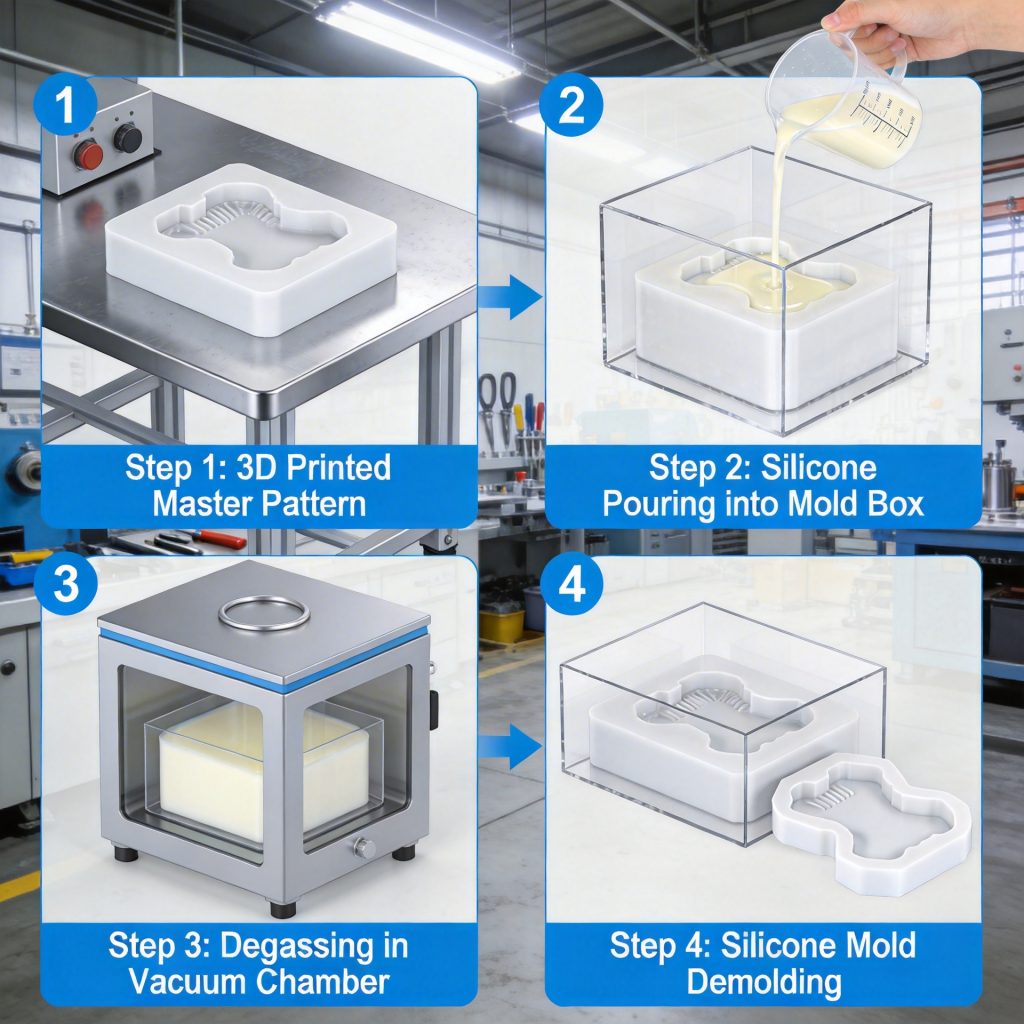 Silicone mold making process steps with 3D printed master patterns