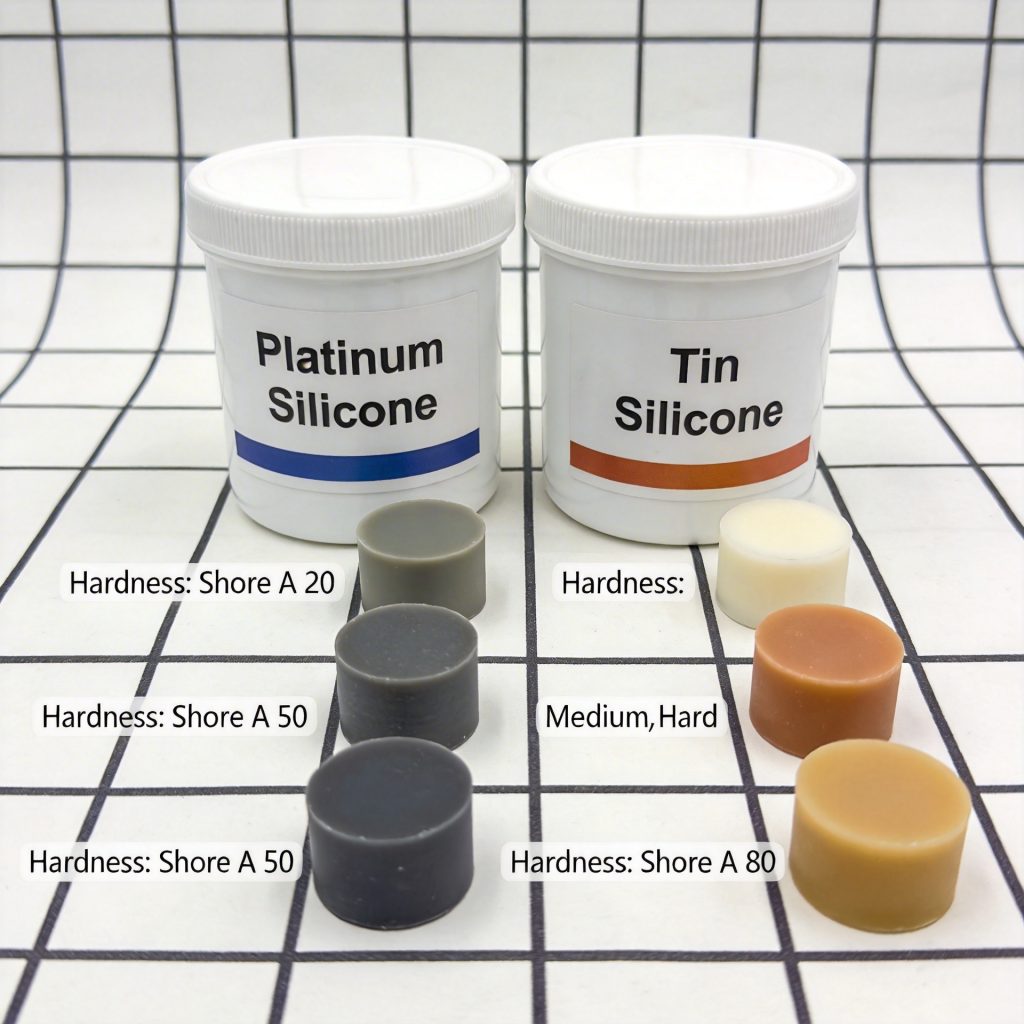 Different silicone mold materials samples including platinum and tin silicone