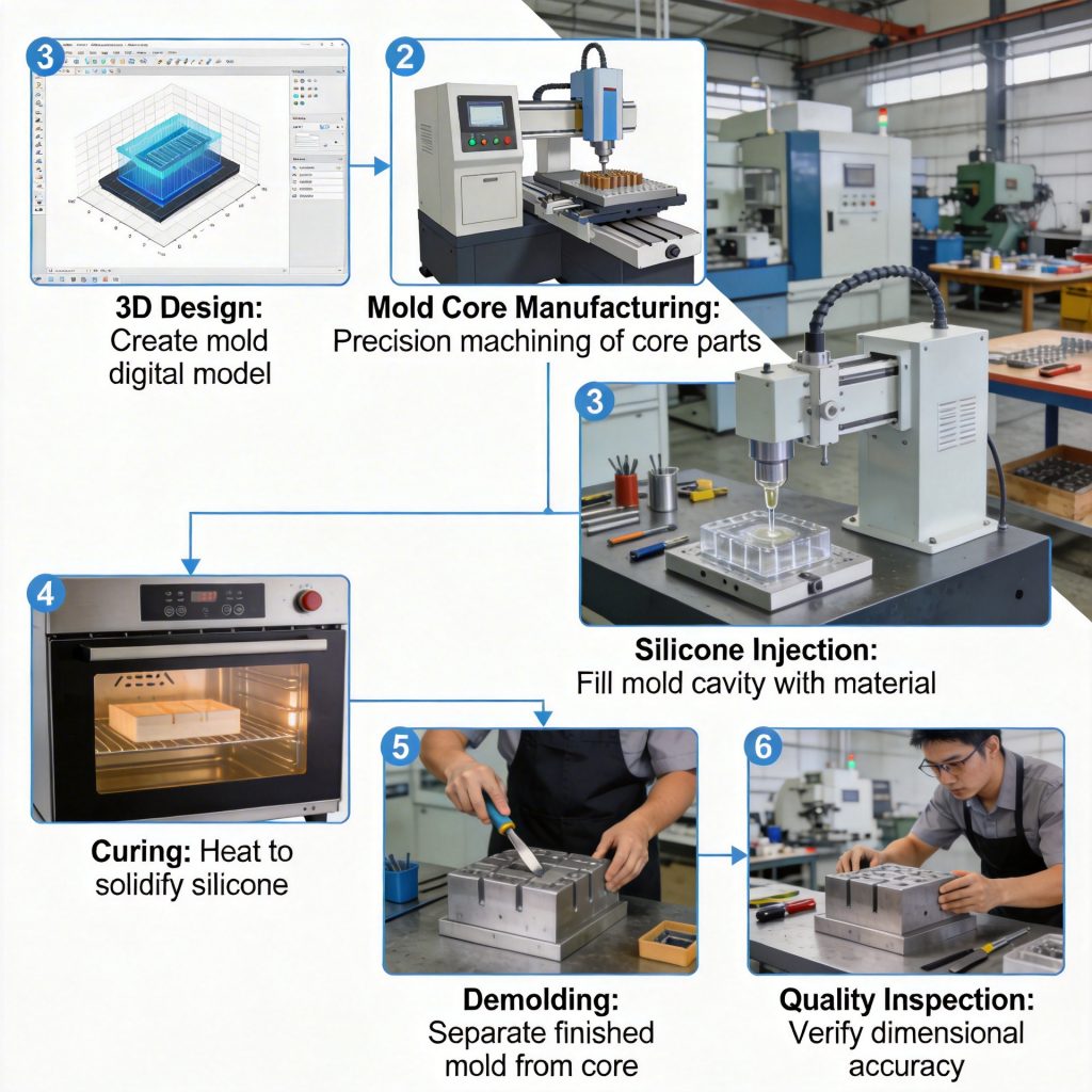 Silicone mold production process step by step workflow from design to finished mold