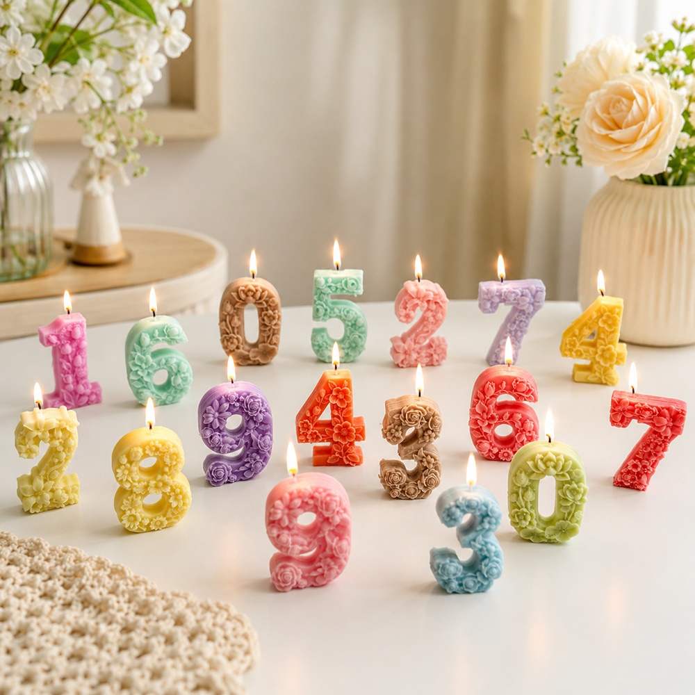 1714 - 数字3花卉浮雕蜡烛硅胶模具