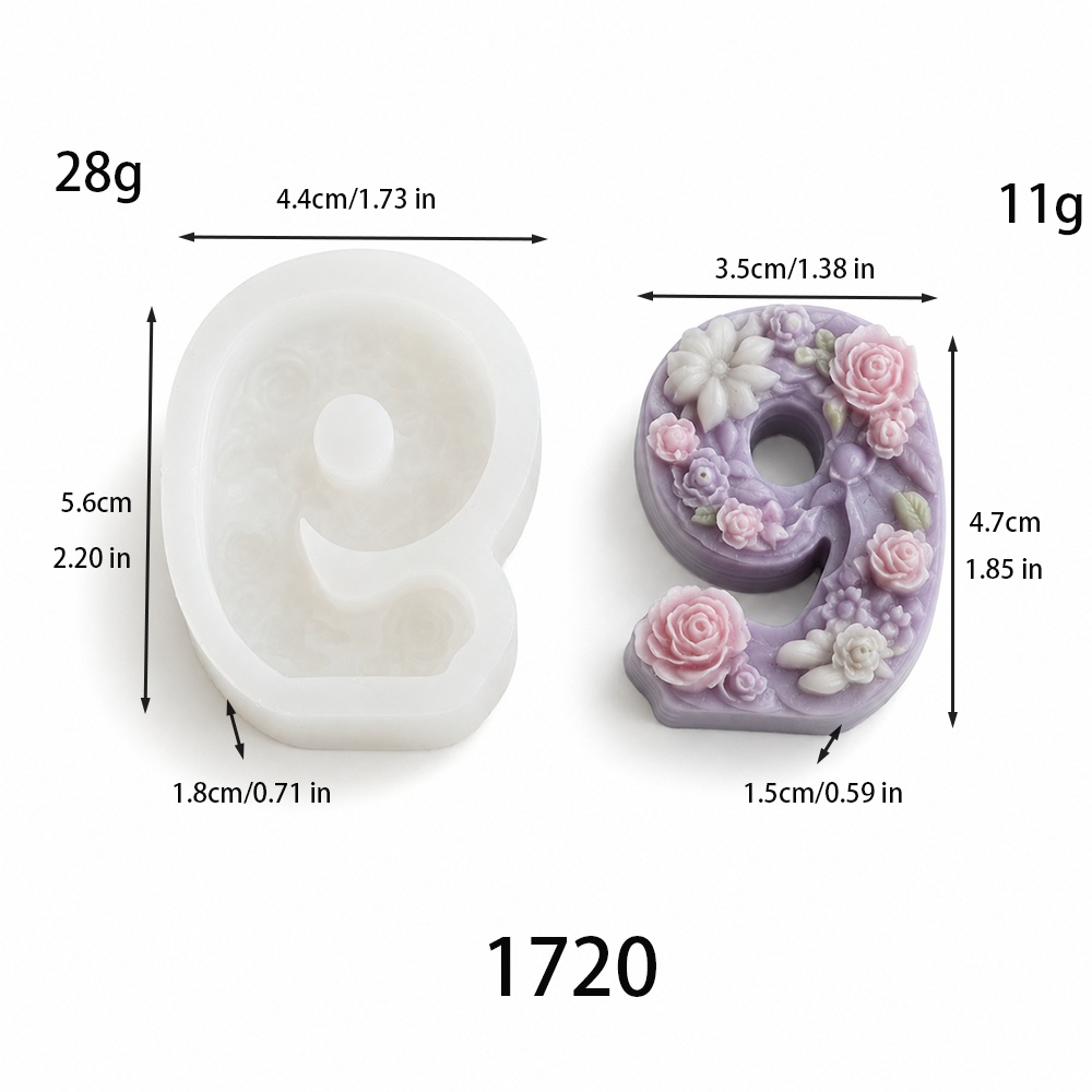 1720 - 数字9花卉浮雕蜡烛硅胶模具