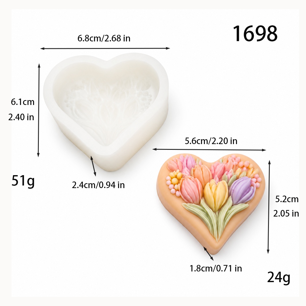 1698 - 心形郁金香花束蜡烛硅胶模具 浮雕设计