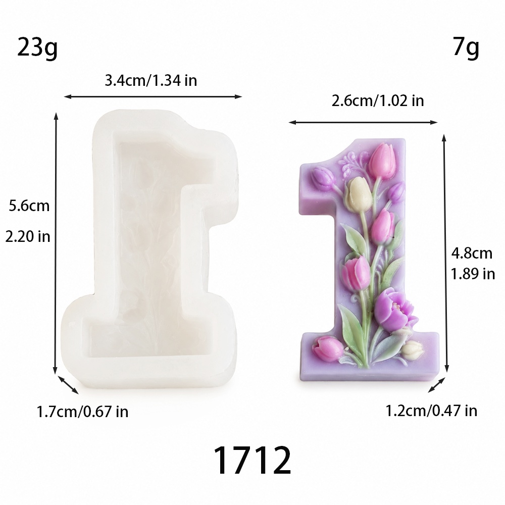 1712 - 数字1郁金香花卉蜡烛硅胶模具