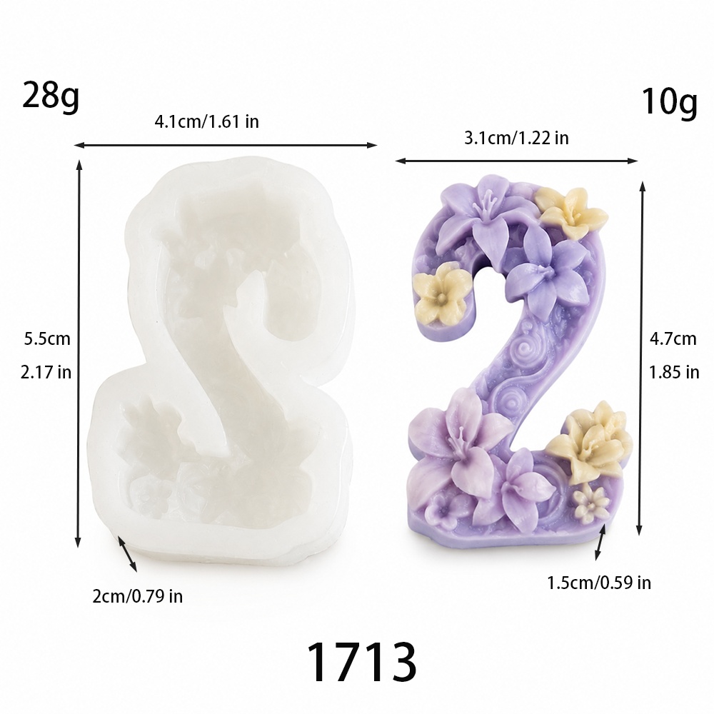 1713 - 数字2花卉浮雕蜡烛硅胶模具