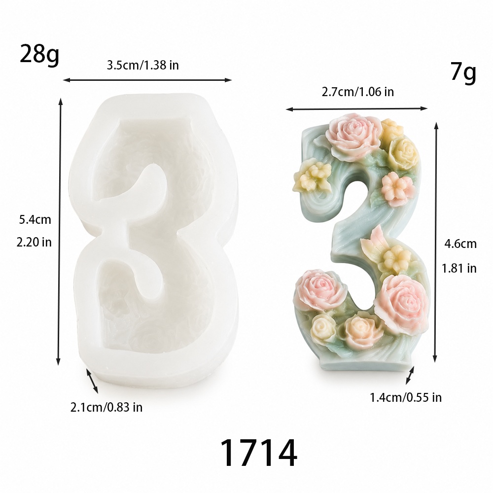 1714 - 数字3花卉浮雕蜡烛硅胶模具