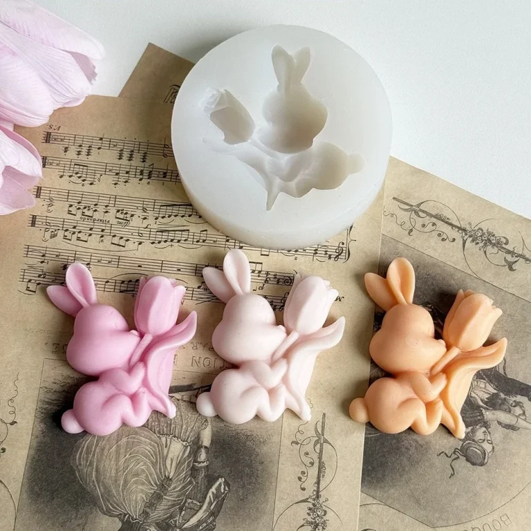 Silicone Candle Mold with Rabbit Holding Tulip Design 1526 silicone mold detail and cavity