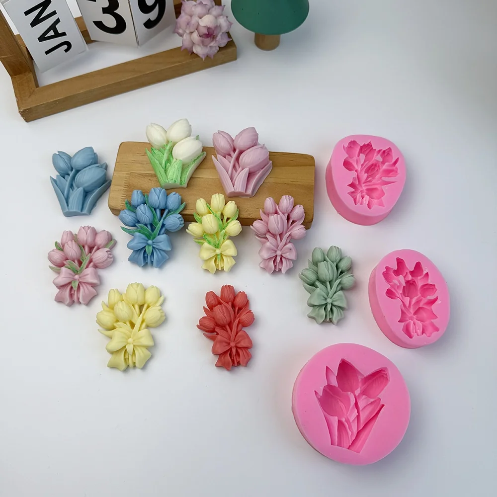 1602L - 郁金香花束配蝴蝶结硅胶模具
