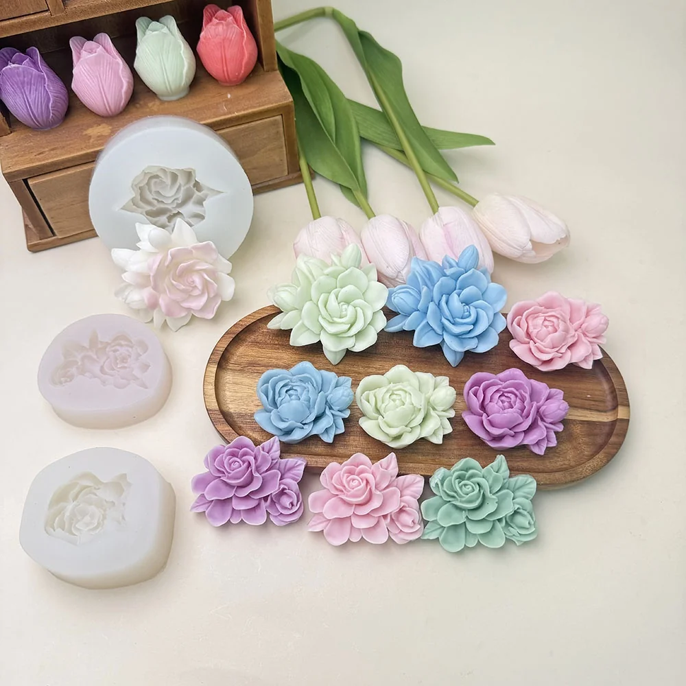 1533 - 带花苞多花绿叶花簇硅胶模具