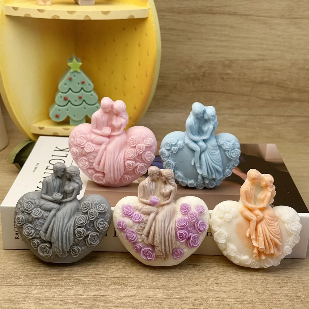 1638 - 玫瑰装饰心底座婚礼情侣硅胶模具