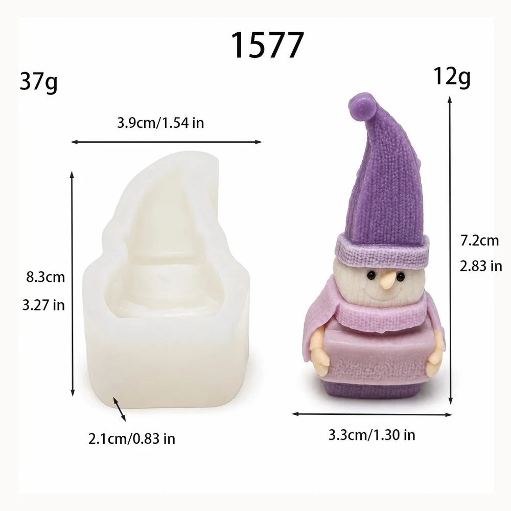 1577 - 戴针织尖帽抱礼盒的小雪人硅胶模具