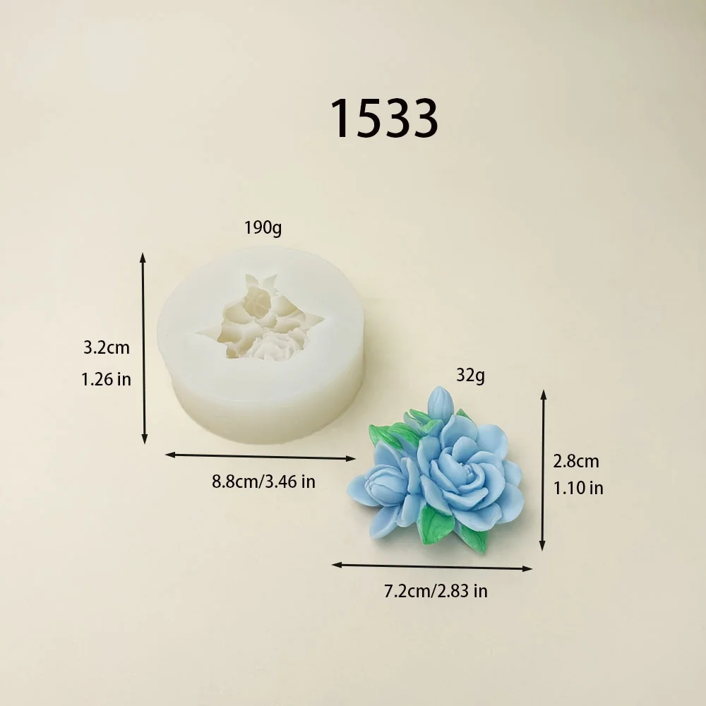 1533 - 带花苞多花绿叶花簇硅胶模具