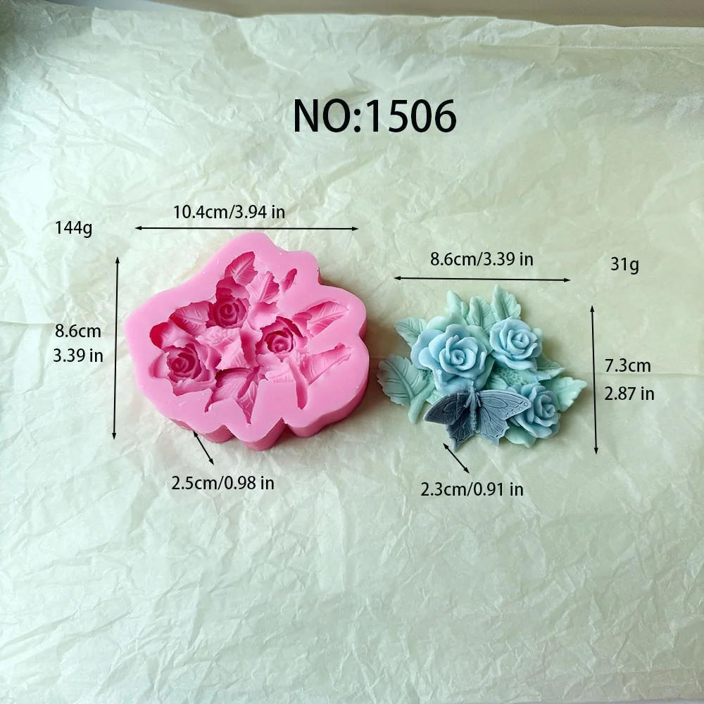 1506 - 玫瑰花叶配蝴蝶硅胶模具