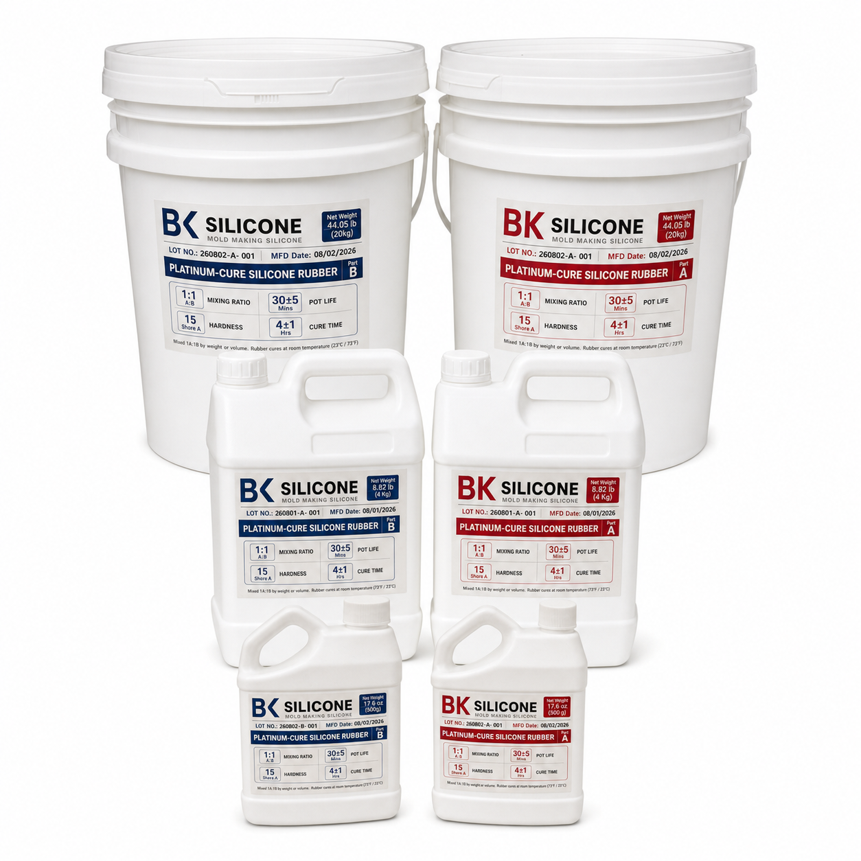 BK Silicone A/B packaging example. For BK-A05 and BK-A15, follow the current TDS: mix 1:1 by weight.