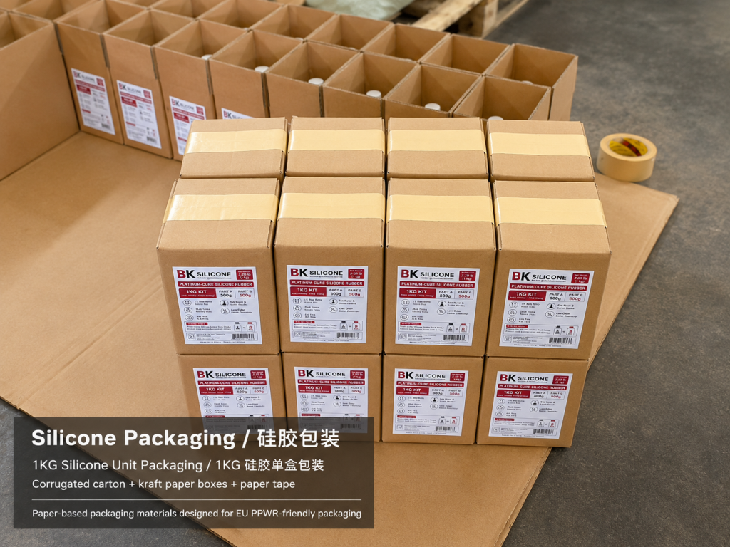 BK Silicone 1KG platinum-cure silicone rubber kits in paper-based unit packaging