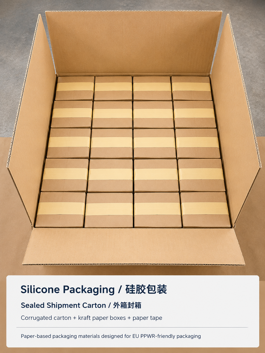 Corrugated master carton sealed with paper tape for a European shipment