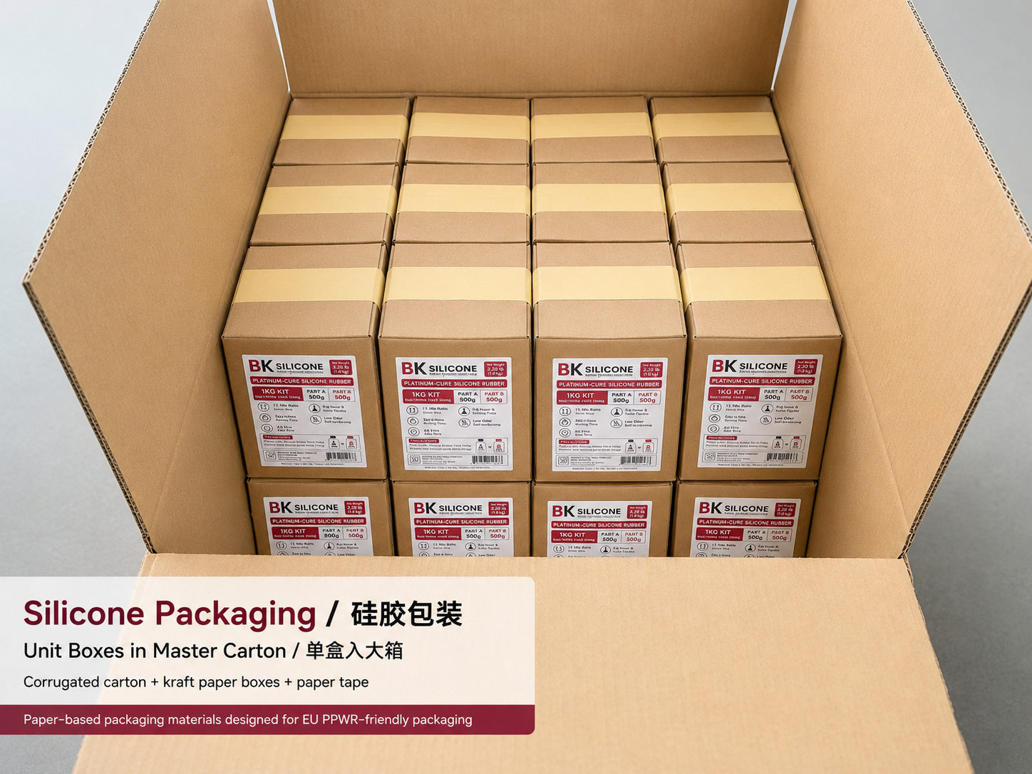Paper-based unit packaging for BK Silicone platinum-cure silicone rubber