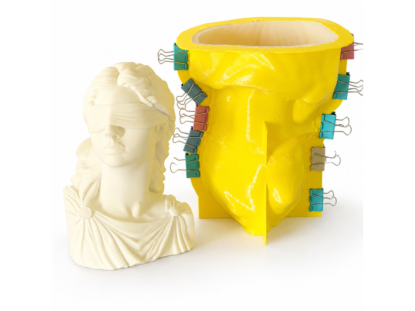 Assembled Lady Justice mold support shell with binder clips