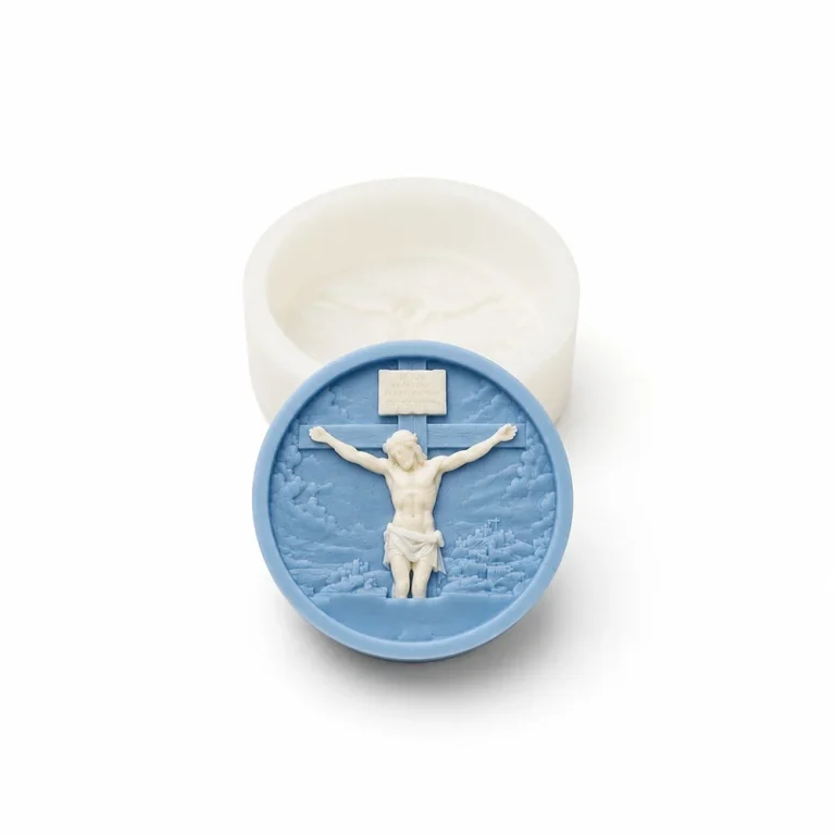 Flexible Jesus Crucifix Round Relief Silicone Mold for Candle Making 1810